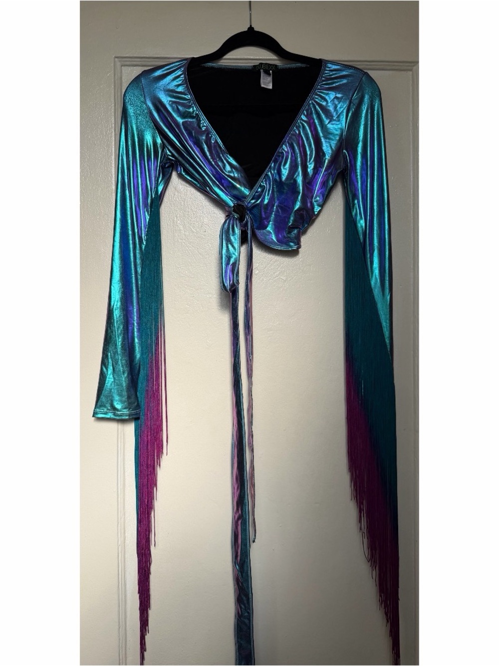 Metallic Teal Tie-Front Crop Top with Magenta Fringe